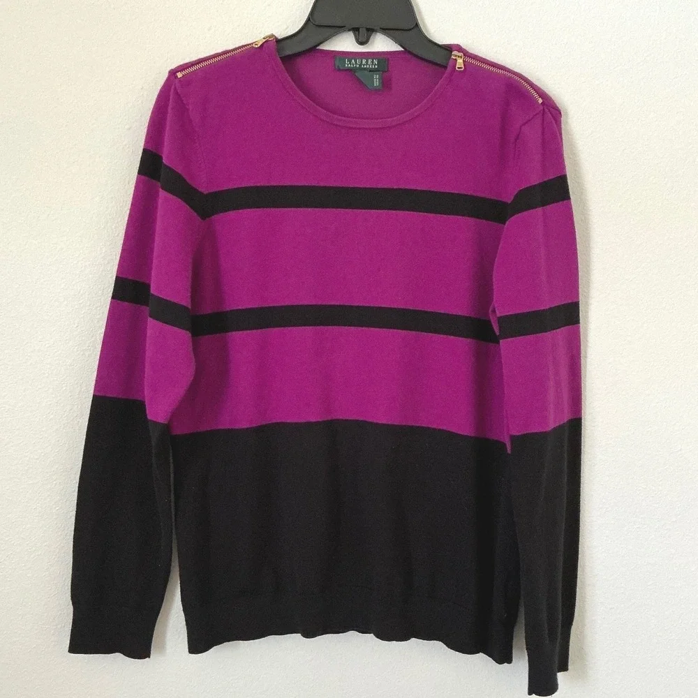 Lauren Ralph Lauren XL Pink Black Striped Gold Zip Shoulder Pullover Sweater